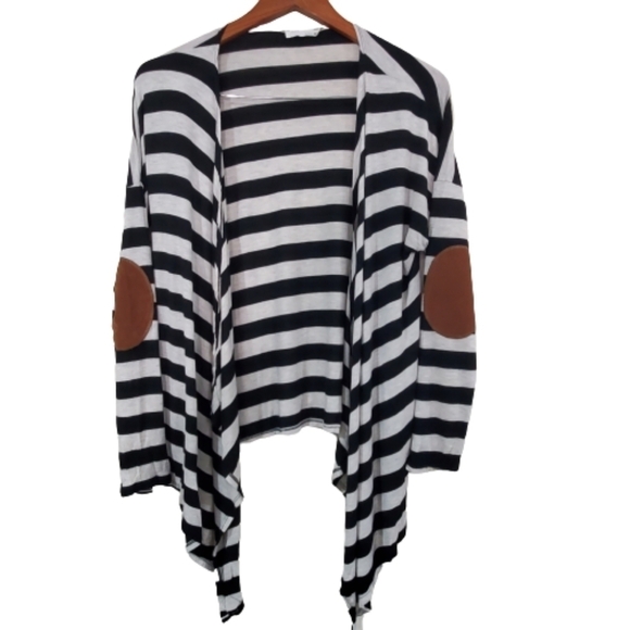 22nd By Balance Black White Striped Open Front Waterfall Cardigan Size Medium - Picture 1 of 9